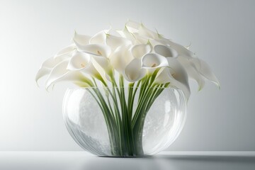 A stunning arrangement of pristine white calla lilies in a clear glass bowl, elegantly displayed against a bright, minimalist background.