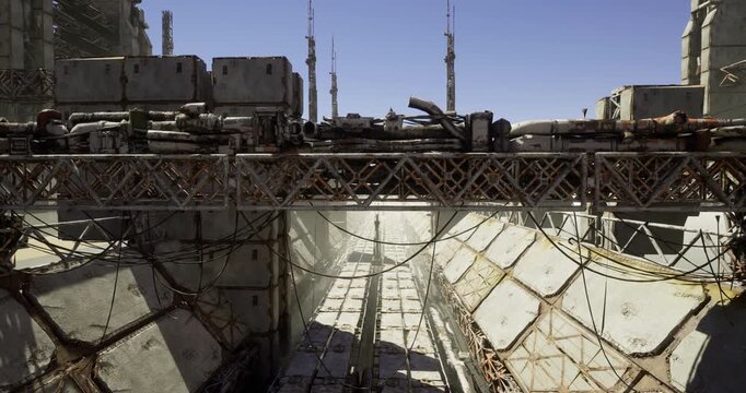 Heavy machinery and concrete structures dominate this construction site. Rusting pipes and cables crisscross the area under a clear blue sky, creating an industrial atmosphere.