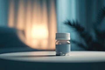 Pill bottle with white tablets and blank label on surface. Blurred background light creates calm, suggesting medicine, wellness, or routine.