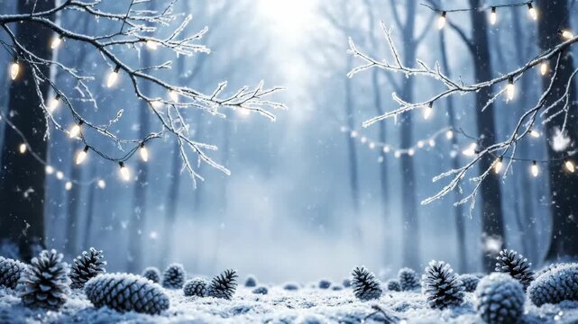 Winter forest with string light decoration and falling snow. Christmas holiday season animated background for stream overlay loop.