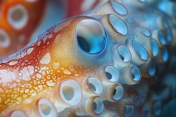 Macro shot of an octopus tentacle, showcasing vibrant colors, intricate textures, and iridescent suction cups in stunning detail.