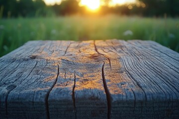 Weathered wood surface in the foreground, illuminated by golden hour sunlight, with a blurry green field and bright sunset/sunrise in the background.