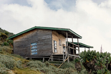 Cabins in the mountains at Mount Muhabura in the Mgahinga Gorilla National Park in Uganda