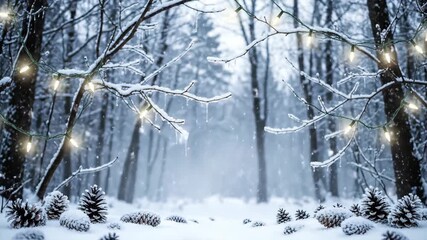 Winter forest with string light garland and pine cones on snow background. Animated Christmas holiday virtual background loop. - Powered by Adobe