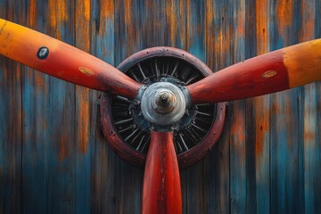 Vintage airplane propeller, red-yellow blades, detailed engine hub. Rustic wooden wall backdrop, distressed blue, orange peeling paint creates aged charm.
