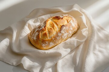A golden-crusted artisan bread loaf, freshly baked and dusted with flour, rests invitingly on a soft, natural linen cloth under warm sunlight.