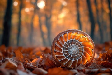 A glowing nautilus shell with a beautiful spiral pattern rests on warm autumn leaves in a magical, sunlit forest setting.