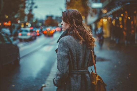 Woman in a coat strolling down the street