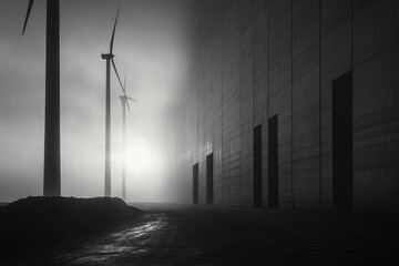 Silhouetted wind turbines in a foggy, monochromatic landscape next to a massive, dark textured wall with abstract openings and a reflective path.