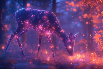 A mesmerizing digital deer, adorned with glowing pink and purple lights, grazes in an ethereal forest bathed in warm, luminous hues.