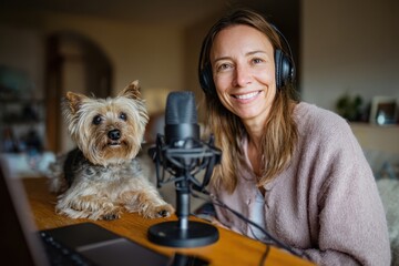 Woman podcasting at home with a small dog nearby