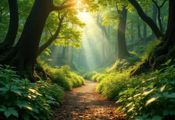 Obraz premium Sunlit Pathways through Lush Green Forest with Vibrant Flora and Serene Surroundings