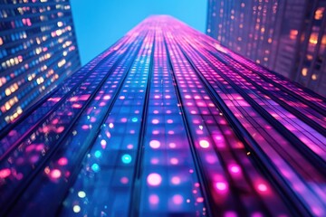 Mesmerizing blue and pink LED lights adorn a futuristic skyscraper's glass facade, creating a dynamic urban visual against a clear sky.