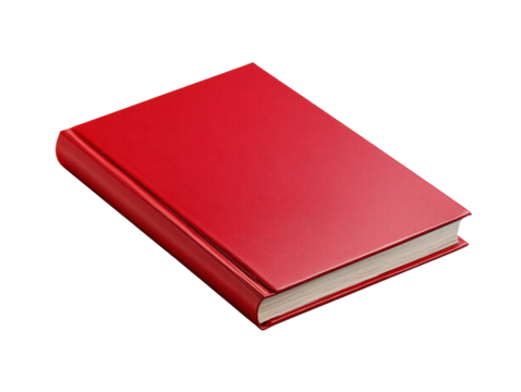 Bright red hardcover book resting on a surface with a textured finish in a well-lit setting