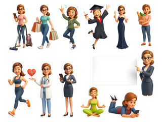 3D Female Character in Various Lifestyle and Professional Poses on Transparent Background