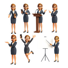 3D Businesswoman Character in Office and Presentation Poses on Transparent Background