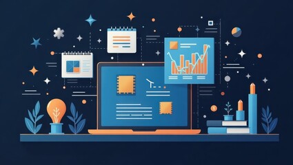 Illustrative depiction of data analytics and information technology. It demonstrates digital charts, information displayed on a laptop screen, and other related elements.