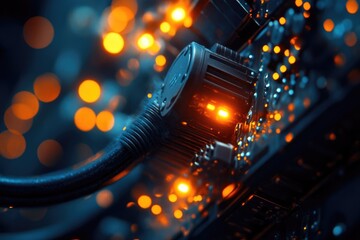 A network cable connected to a port on a circuit board, with glowing orange bokeh, illustrating active data flow and digital connectivity.
