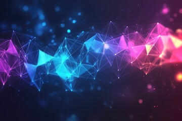 Vibrant abstract digital network, interconnected nodes and polygons glowing with blue, purple, pink hues. Futuristic technology background with bokeh.