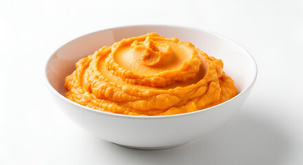 A simple bowl of plain mashed sweet potatoes, served in a minimalist white ceramic bowl with a light drizzle of olive oil, Sweet potatoes centered