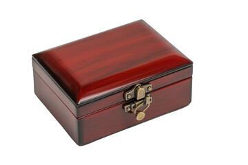 A closed, rectangular, dark-red wooden box with a brass clasp. background removed