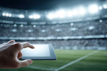 Finger on a touchscreen in front of a soccer field at a stadium in Rio de Janeiro Brazil