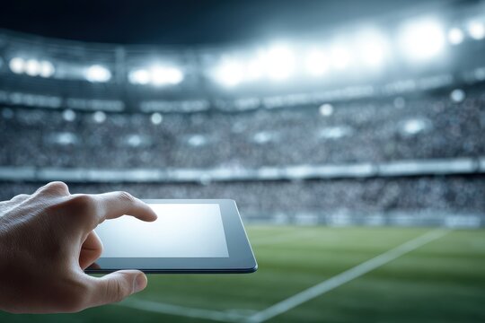 Finger on a touchscreen in front of a soccer field at a stadium in Rio de Janeiro Brazil