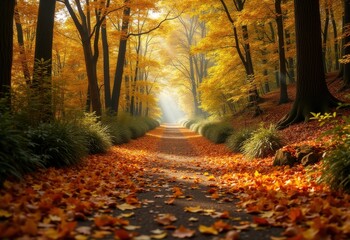 Tranquil Forest Trail Richly Adorned with Golden Leaves Radiating Autumn Vibes