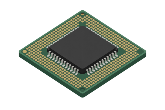 Isometric illustration of a computer microchip with gold connectors on a green circuit board. background removed