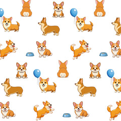 Transparent background with funny dogs.Vector seamless pattern with funny corgi dogs in different poses on a transparent background.
