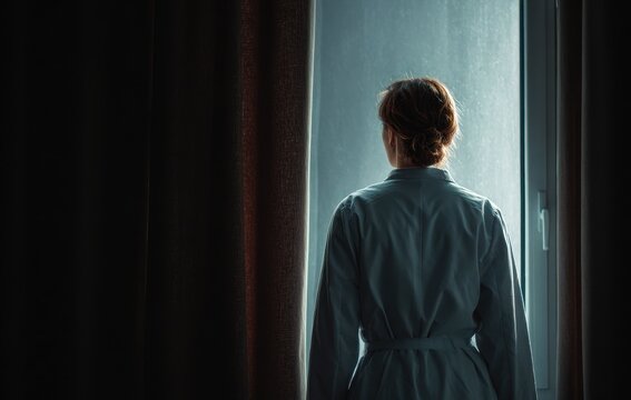 A female doctor is positioned by the nearby window