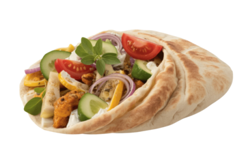 Delicious grilled chicken pita pocket filled with fresh cucumber, tomato, red onion, and creamy tzatziki sauce. background removed