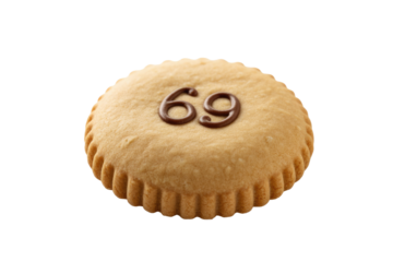 A round, light brown cookie with the number 69 written in chocolate on top. background removed
