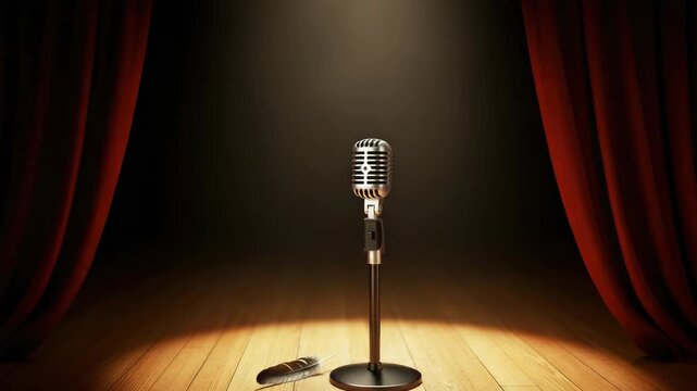 Vintage microphone on stage with red curtains, spotlight