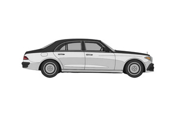 Side profile of a sleek, silver and black luxury sedan, elegantly designed. background removed