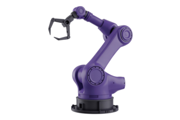 Purple robotic arm with a claw gripper isolated on a transparent background. background removed