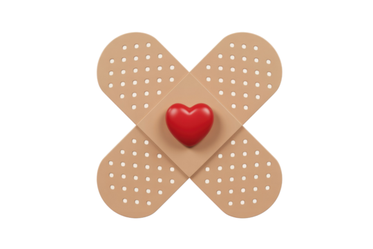 A red heart is gently placed on a beige cross-shaped bandage, symbolizing healing and love. background removed - Powered by Adobe