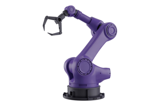 Purple robotic arm with a claw gripper isolated on a transparent background. background removed