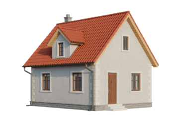 A charming, single-story house with a red tile roof, dormer window, and stone accents. background removed