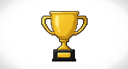 A **golden pixel art** trophy icon with two handles, in a retro **8-bit** gaming style, on a simple white background.