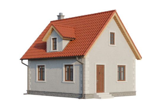 A charming, single-story house with a red tile roof, dormer window, and stone accents. background removed