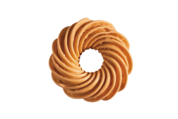 A golden-brown, swirl-shaped jelly donut, isolated on a transparent background. background removed