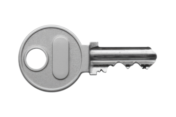 A single, metallic key with a round head and serrated bit, isolated on a transparent background. background removed