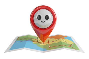 A happy, cartoonish map pin sits atop a folded map, indicating a location. background removed