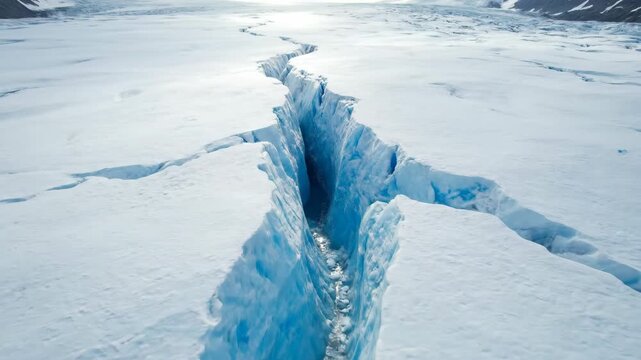 Overhead view of a slow-moving glacier crevasse widening, revealing deep blue ice under shifting sunlight timelapse patterns, natural wonder, light