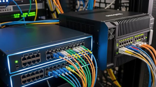 Network server technology infrastructure in data center room. Concept of IT computer and internet.