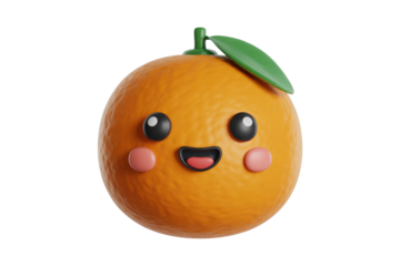 A happy, cartoonish 3D-rendered orange with a smiling face and leaf. background removed