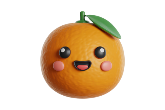 A happy, cartoonish 3D-rendered orange with a smiling face and leaf. background removed