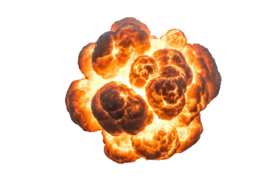 A fiery explosion with large, billowing clouds of smoke and intense orange flames. background removed