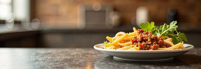 Pasta with a hearty lentil and tomato sauce served on a white plate garnished with fresh parsley in a cozy kitchen setting with a blurred background